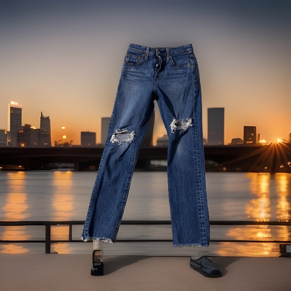 Levis 501 Jeans Womens Skinny 25 Blue Button Fly Distressed Raw Hem Denim Cotton